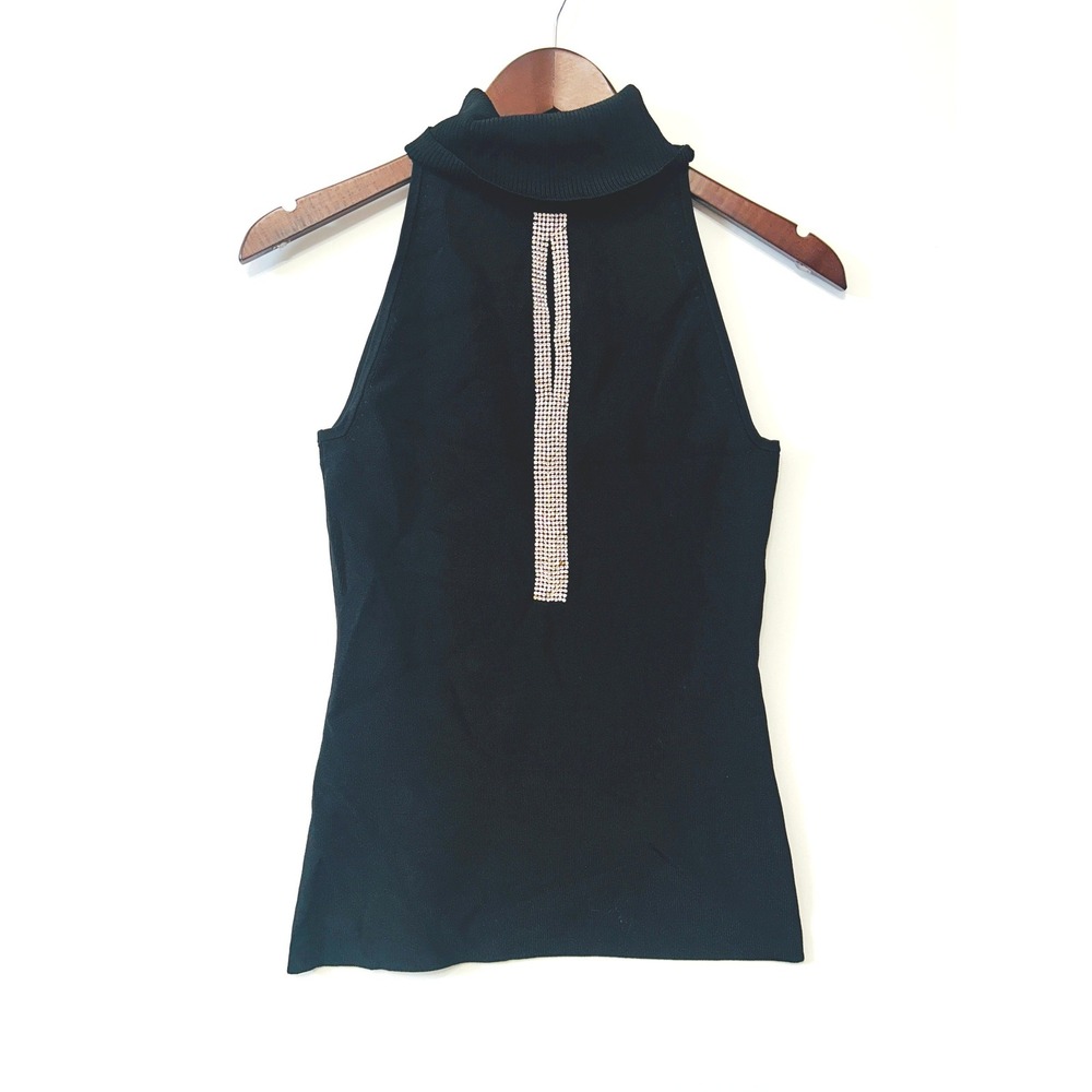 Vintage Cache Black Sleeveless Ribbed Knit Top Size S Rhinestone Clubbing 90's